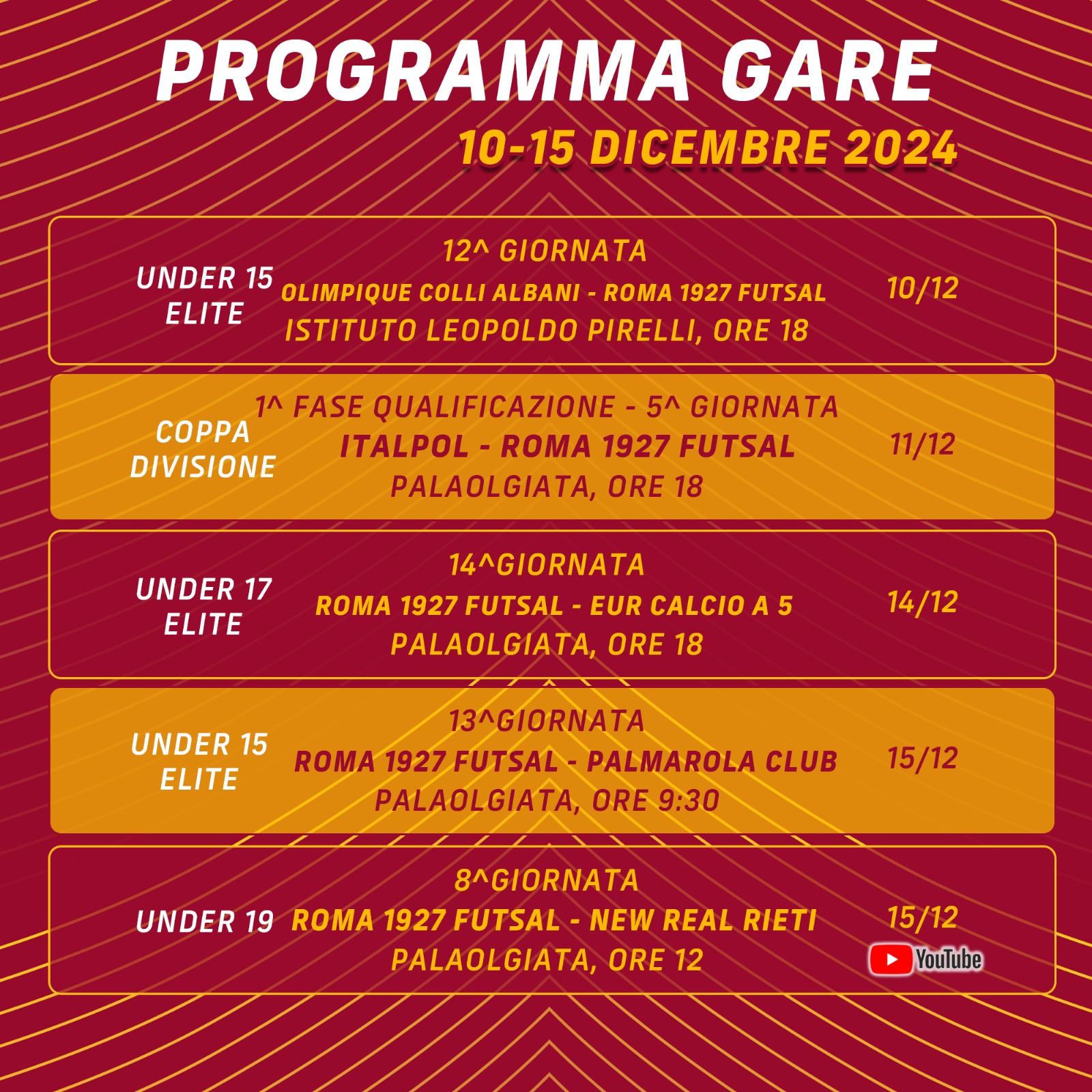 Programma gare 10/15 dicembre 2024